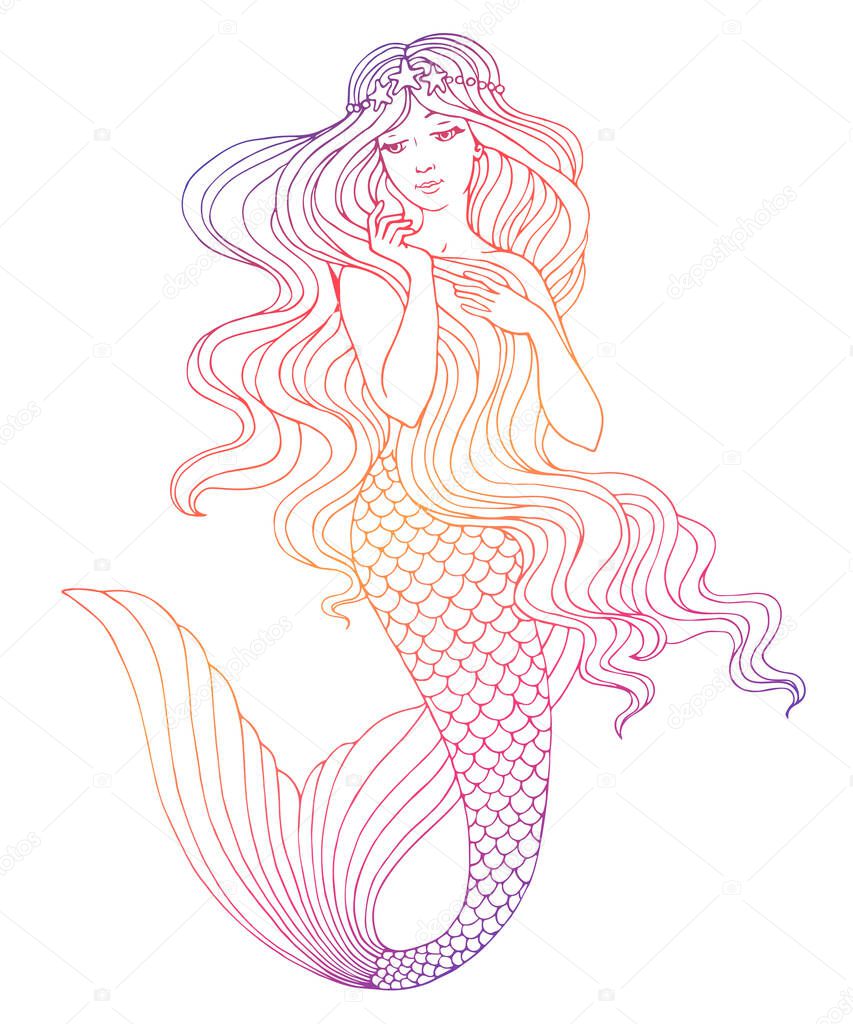 Hand drawn mermaid, on white background, linen vector illustration.
