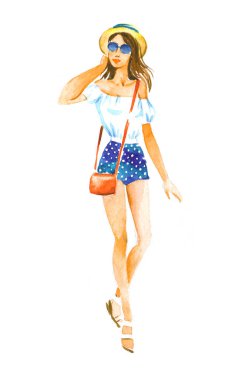 Hasır şapkalı, güneş gözlüklü, şortlu, yaz görünüşlü, beyaz arka planda suluboya resimli bir kız..