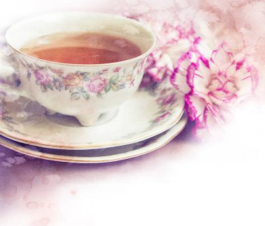 Pembe çiçekli eski çay fincanı davetiye, tebrik kartı, tasarım için retro arka plan..