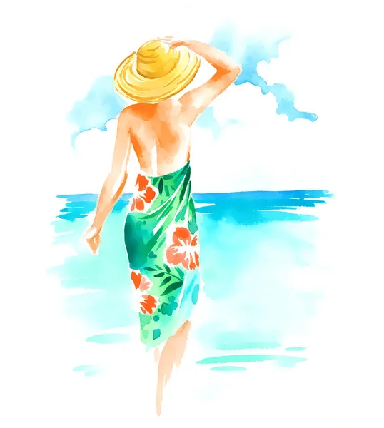 海滩上戴帽子和泳衣的女孩 白色背景上的水彩画 — 图库照片