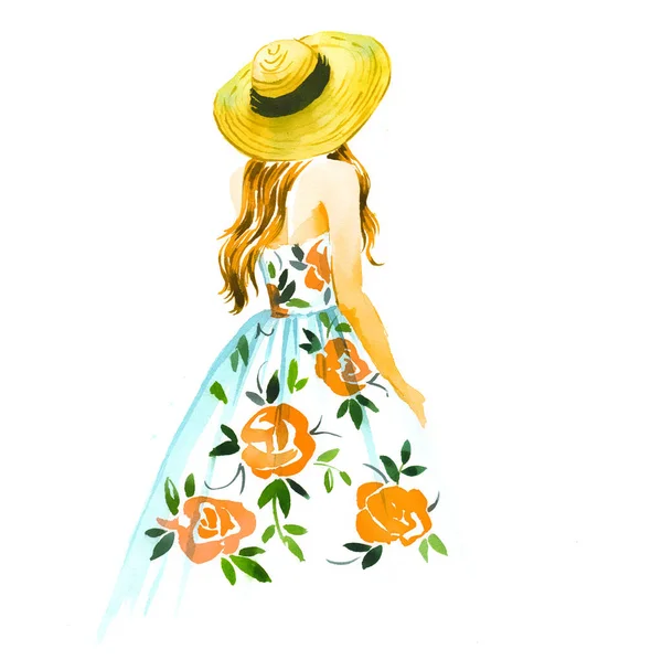 藁帽子とヴィンテージドレスの女の子 白い背景の夏の水彩画のイラスト — ストック写真