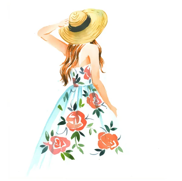 Girl Straw Hat Vintage Dress Summer Watercolor Illustration White Background — Stock Photo, Image