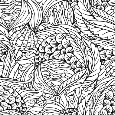 Soyut deniz altı bitki örtüsü deseni, ölçeği, yosunları, yüzgeçleri dekoratif dalga vektör arka planı, deniz bitkisi motifi, boyama kitabı için çizimler.