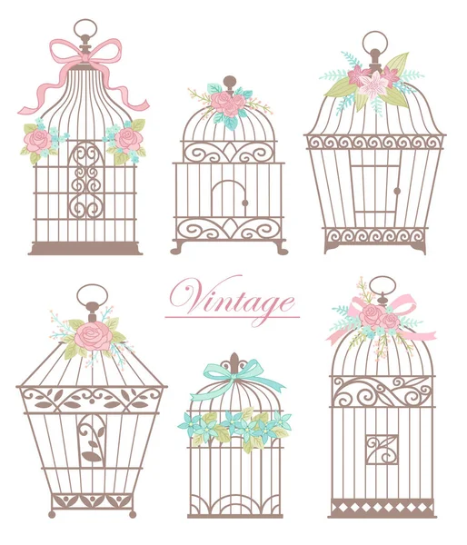 Ensemble Cages Vintage Décorées Fleurs Rubans Illustration Vectorielle Pour Mariage — Image vectorielle