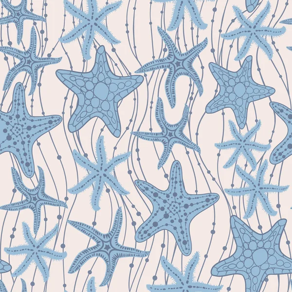 Sea Stars Hand Drawn Vector Seamless Pattern Marine Summer Background — 스톡 벡터