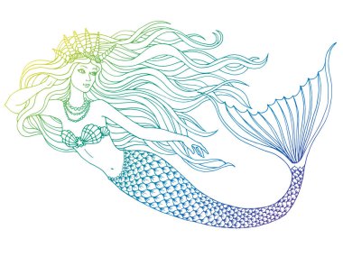 Beyaz arka planda el çizimi deniz kızı, keten vektör çizimi.
