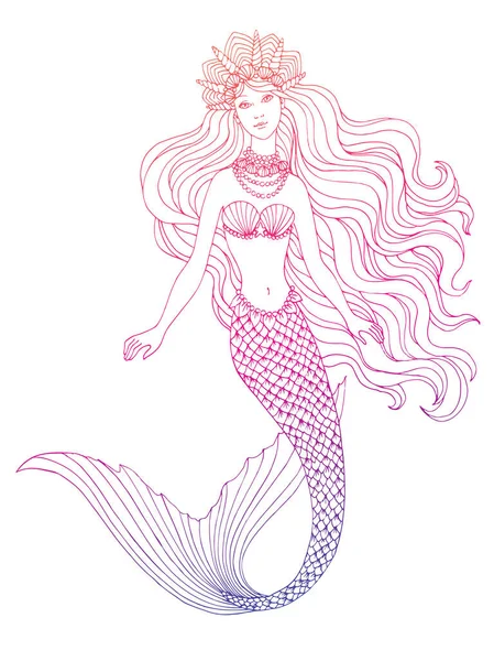 Hand Drawn Mermaid Swiming White Background Linen Vector Illustration — Stock Vector