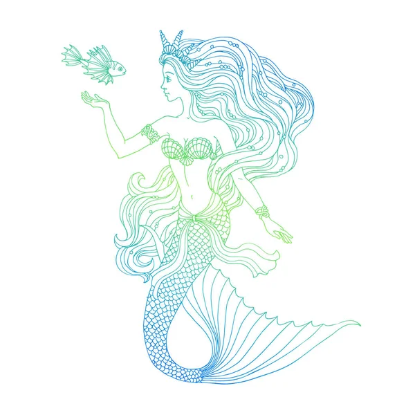 Hand Drawn Mermaid Swiming White Background Linen Vector Illustration — Stock Vector