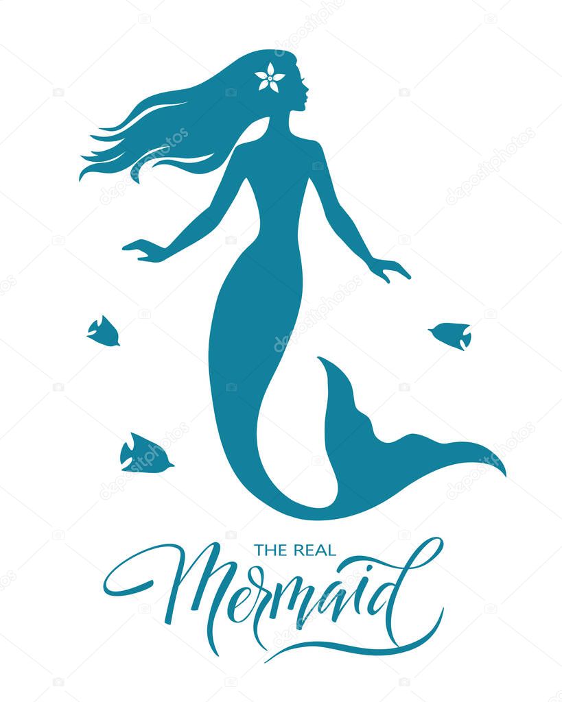 Mermaid  silhouette, hand drawn vector  illustration isolated on white, logo, t-shirt design.