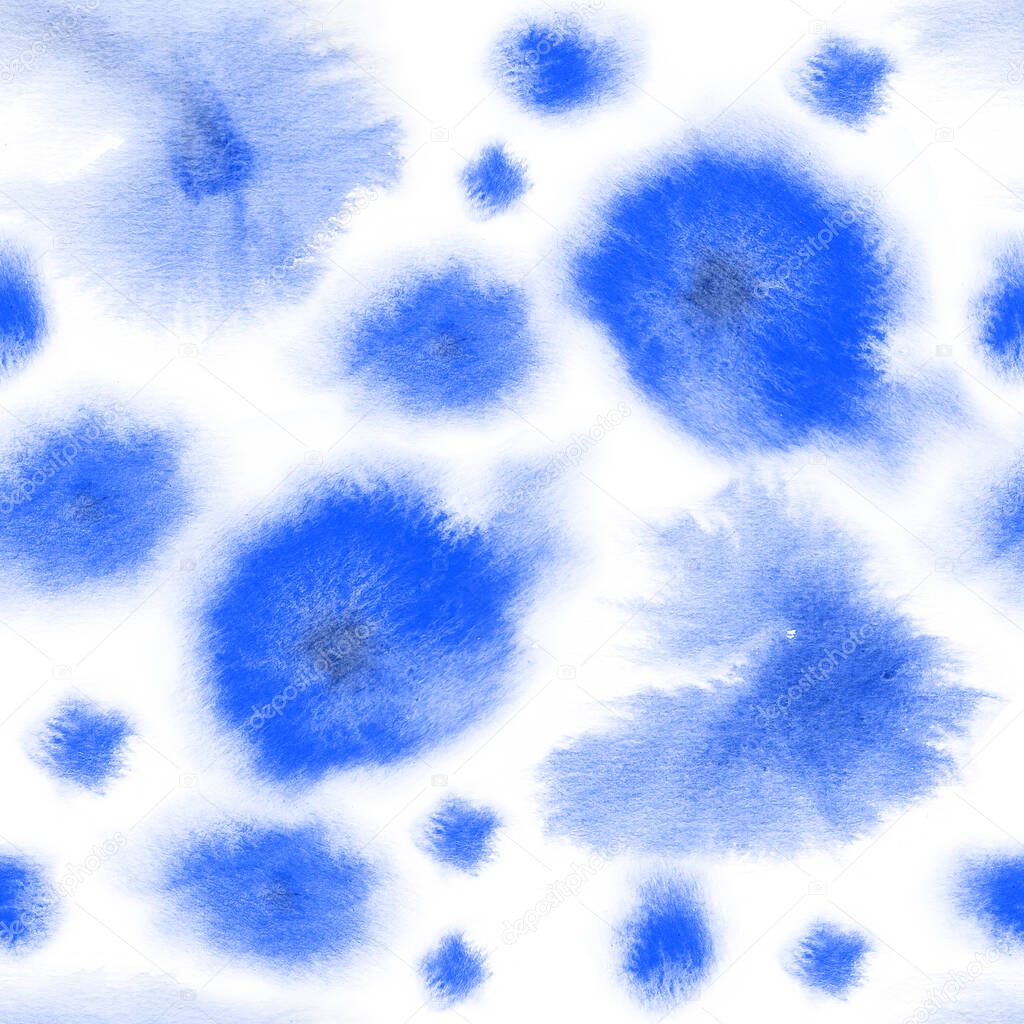 Hand painted watercolor blue and pink spot texture, abstract hand made seamless pattern.