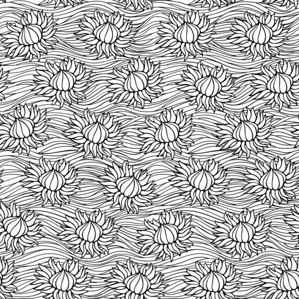 Wektor Bezszwowy Wzór Abstrakcyjnym Ręcznie Narysowane Kwitnące Kwiaty Czarno Białe — Wektor stockowy