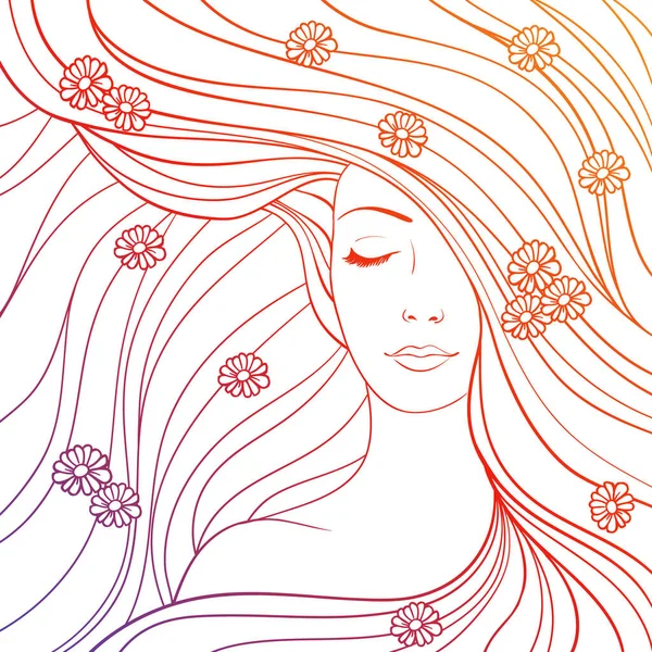 Девушка Потоковыми Волосами Векторное Постельное Белье Ручной Работы — стоковый вектор