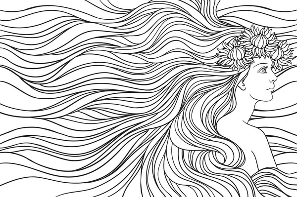 Girl Streaming Hair Mermaid Hand Drawn Vector Linen Illustration Coloring — Stock Vector
