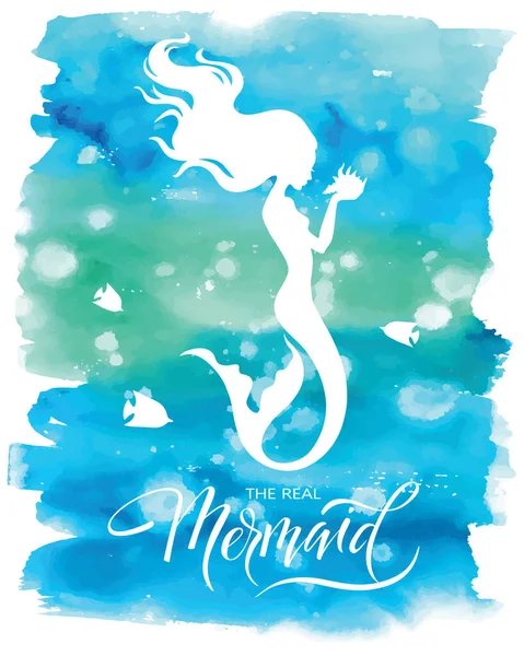 Meerjungfrau Silhouette Handgezeichnete Vektordarstellung Isoliert Auf Blauem Aquarellfleck Logo Shirt — Stockvektor