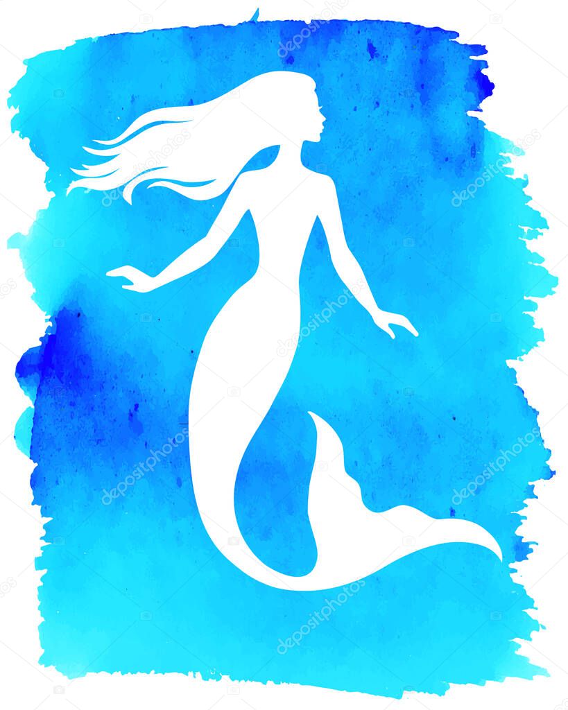 Mermaid  silhouette, hand drawn vector  illustration isolated on blue watercolor spot, logo, t-shirt design.
