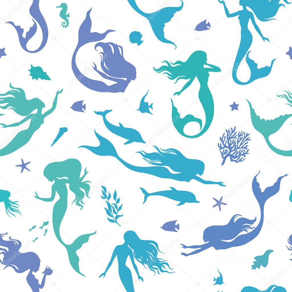 Mermaids, fish, seashells, fihes, dolfins and seaweeds silhouette seamless pattern, vector illustration.Marine background for textile, prints, paper products, the Web.