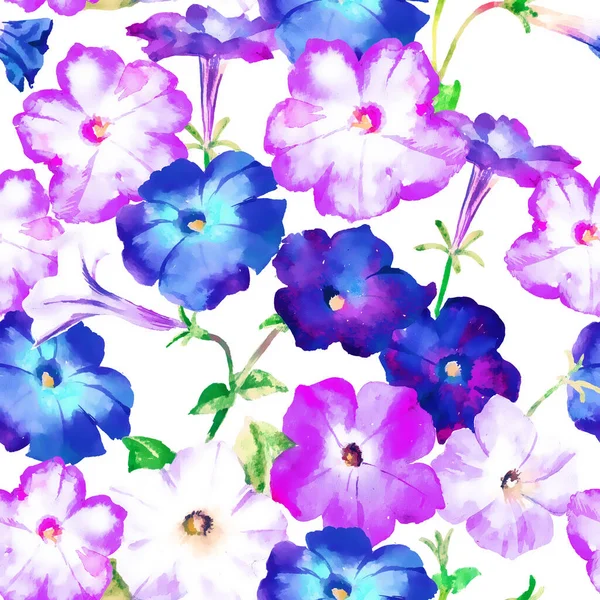 Pink and lilac flowers, watercolor raster seamless pattern