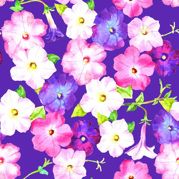 Petunien Rosa Und Lila Blüten Aquarellraster Nahtloses Muster Für Textilien — Stockfoto