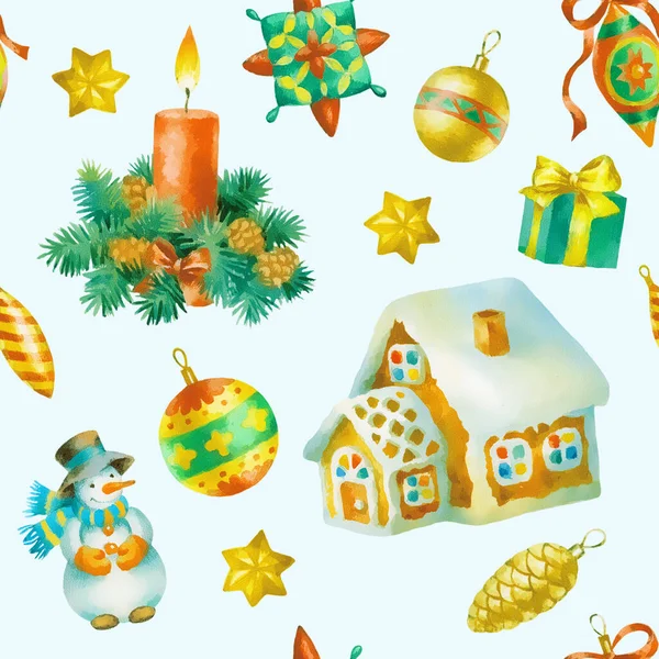 Hand Verf Aquarel Naadloos Patroon Met Kerst Decoraties — Stockfoto
