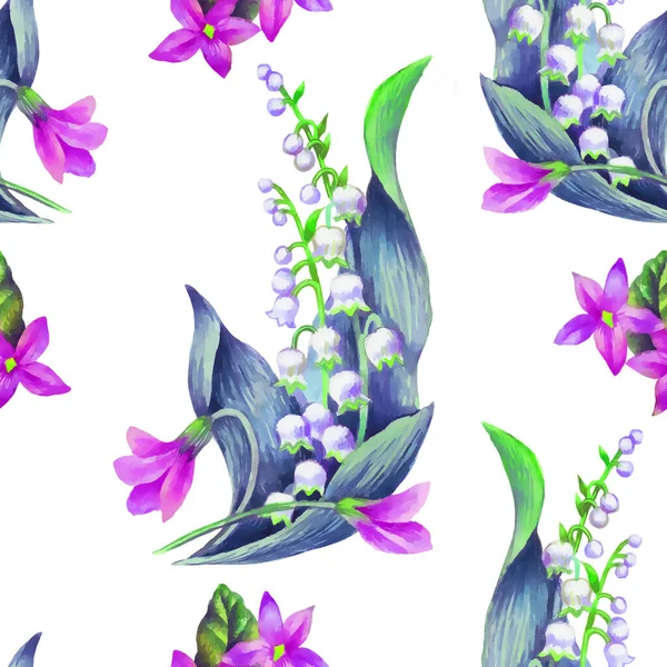 Весенние Цветы Подснежник Лилия Мая Бесшовный Рисунок Альта Иллюстрация Акварелью — стоковое фото