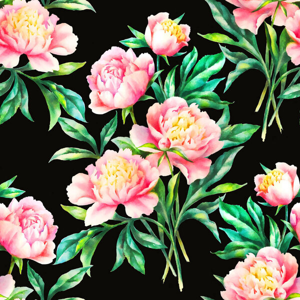 Акварель ручной краски розовые пионы и листья, бесшовный узор
.
