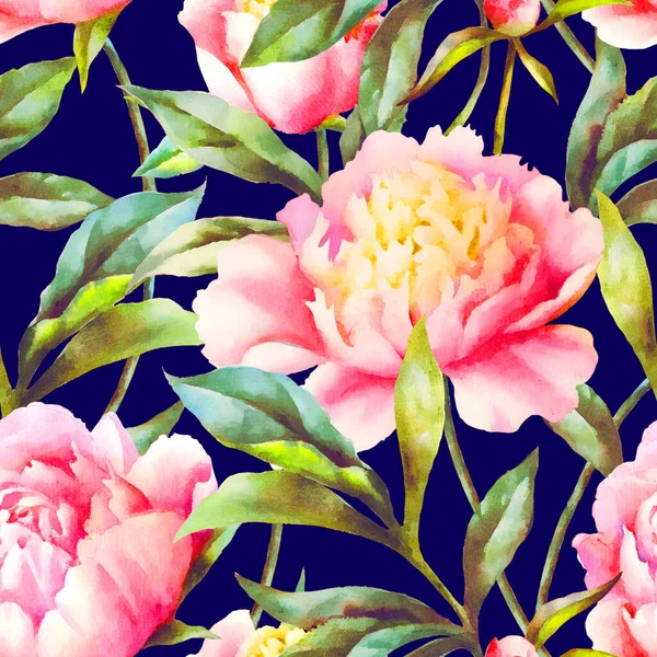 Watercolor Hand Paint Pink Peonies Leaves Seamless Pattern — Stock Photo, Image