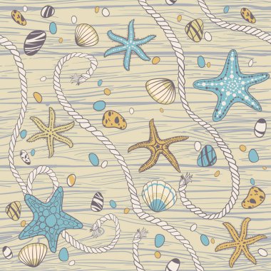 El yapımı seastarlar, ip, seastonlar ve ahşap arka planda deniz kabukları. Vektörsüz desen.