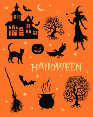 Cadılar Bayramı ögeleri kümesi, tasarım, tebrik kartı, davetiye, pankart için siluet vektör illüstrasyonu.