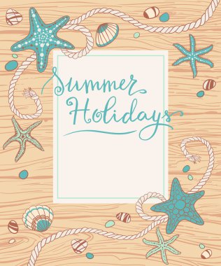 El yapımı seastarlar, ip, seastonlar ve ahşap arka planda deniz kabukları. El yazısıyla yazılmış Vektör illüstrasyonu, dekoratif çerçeve