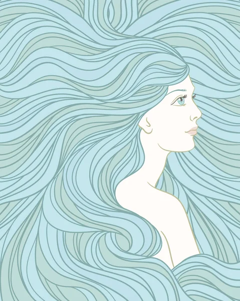 Girl Streaming Hair Hand Drawn Vector Linen Illustration — Stock Vector