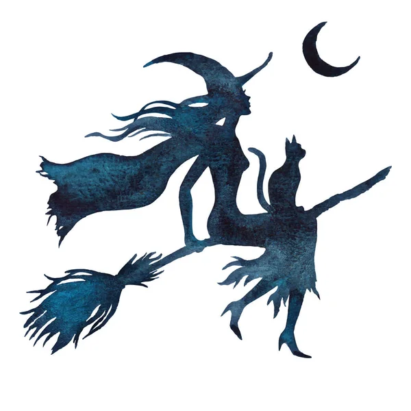 Halloween Sorcière Volante Sur Balai Illustration Silhouette Isolée Sur Fond — Image vectorielle