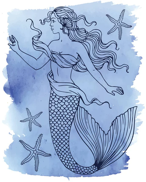 Hermosa Sirena Contorno Vector Ilustración Dibujada Mano Sobre Fondo Acuarela — Archivo Imágenes Vectoriales