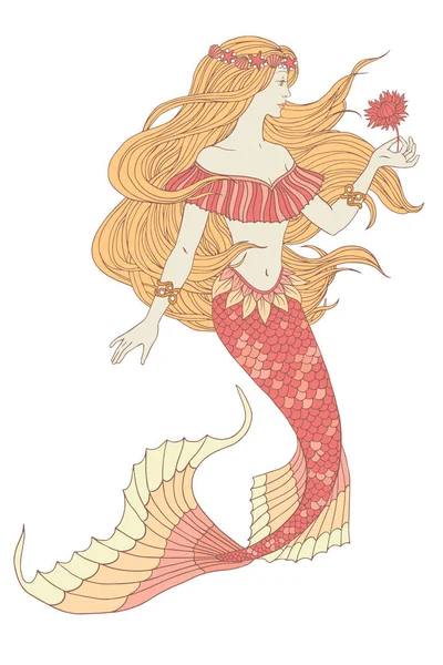 Hand Drawn Mermaid Holding Flower Isolated White Background Linen Vector — Stock Vector
