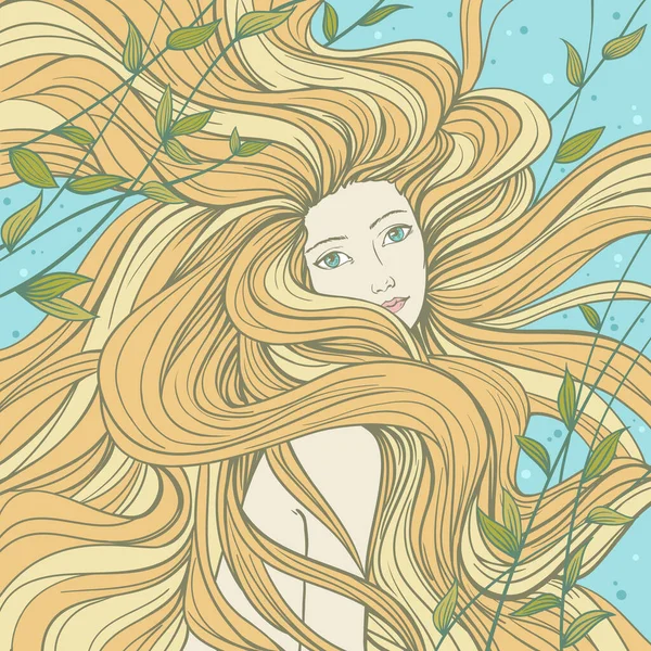 Красивая Русалка Потоковыми Волосами Нарисованная Вручную Векторная Иллюстрация — стоковый вектор