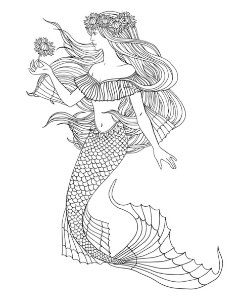 Handgezeichnete Meerjungfrau Die Eine Blume Hält Auf Weißem Hintergrund Leinenvektorillustration — Stockvektor
