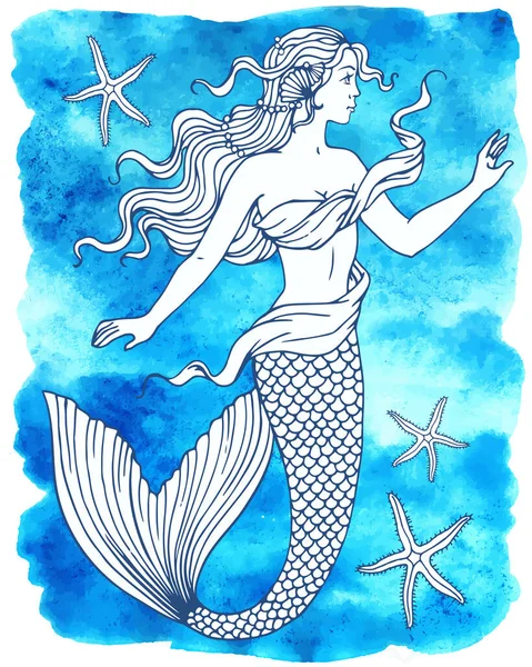 Hermosa Sirena Contorno Vector Ilustración Dibujada Mano Sobre Fondo Acuarela — Archivo Imágenes Vectoriales