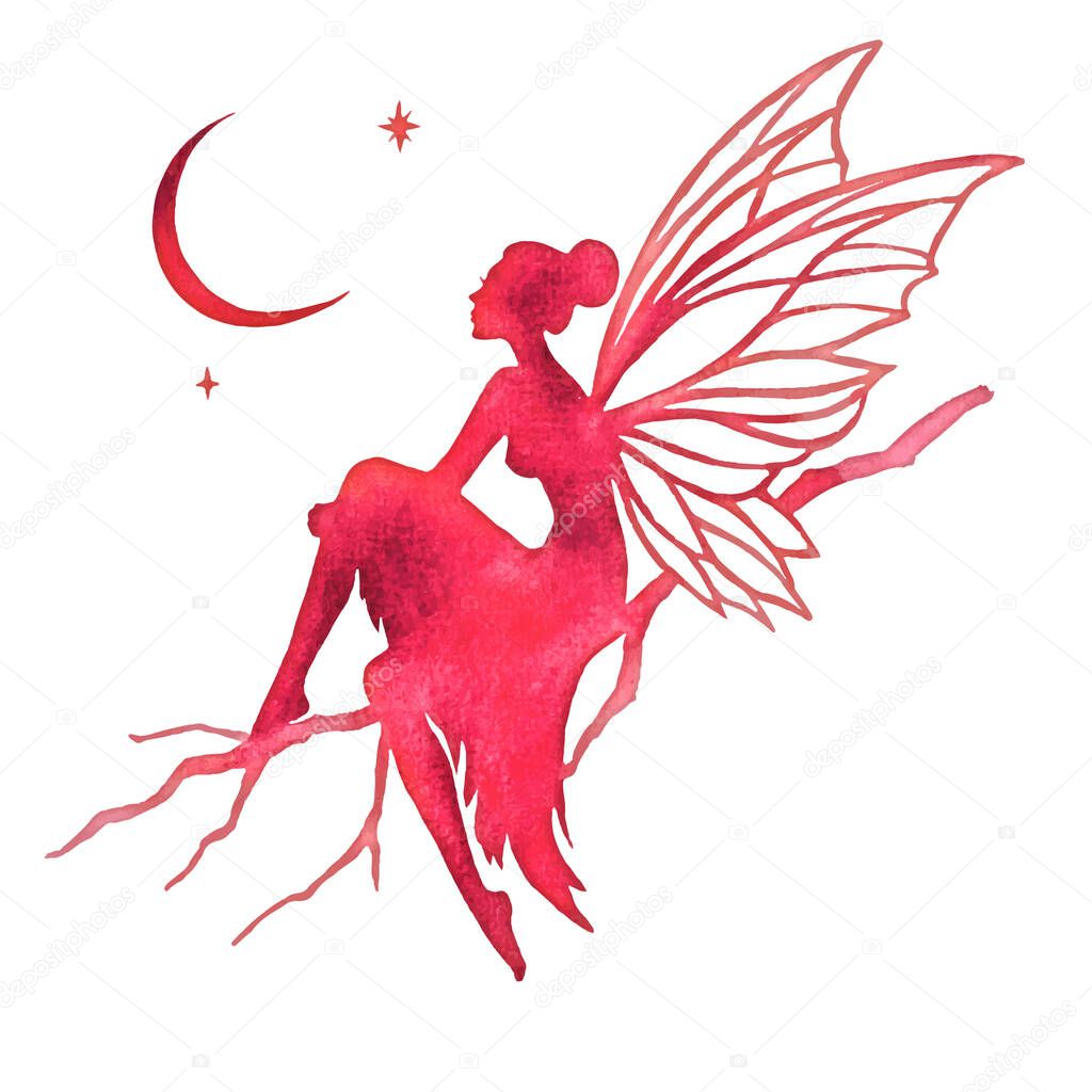 Hand paint fairy looking at the moon, watercolor vector silhouette illustration.