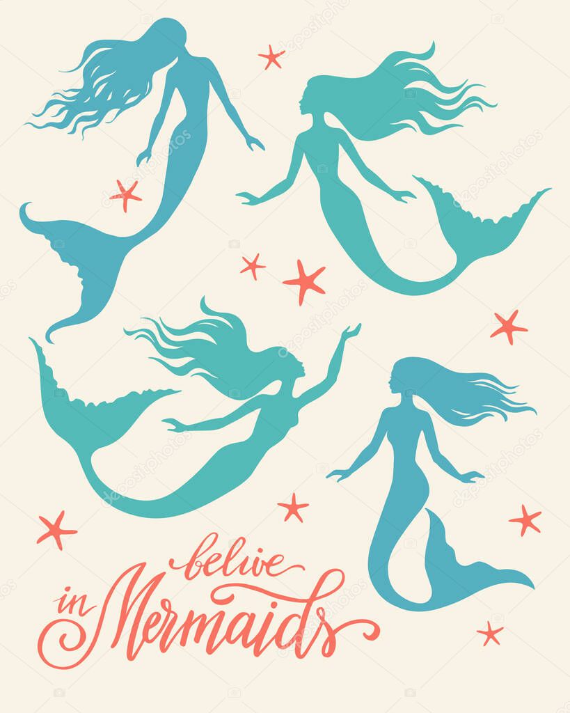 Set of vector silhouettes of swimming mermaids and hand written lettering.