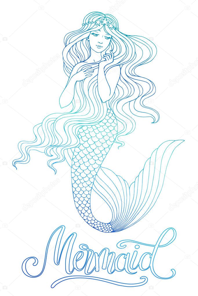 Hand drawn mermaid, on white background, linen vector illustration.