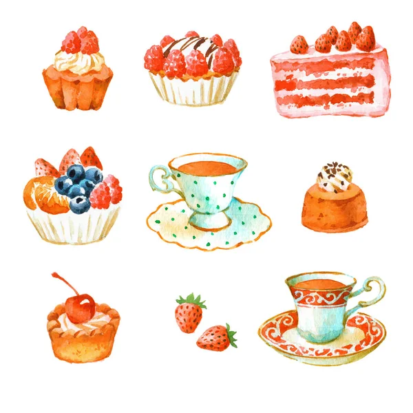 Készlete Akvarell Kézzel Festett Sütemények Csésze Tea Édességek Elszigetelt Fehér — Stock Fotó