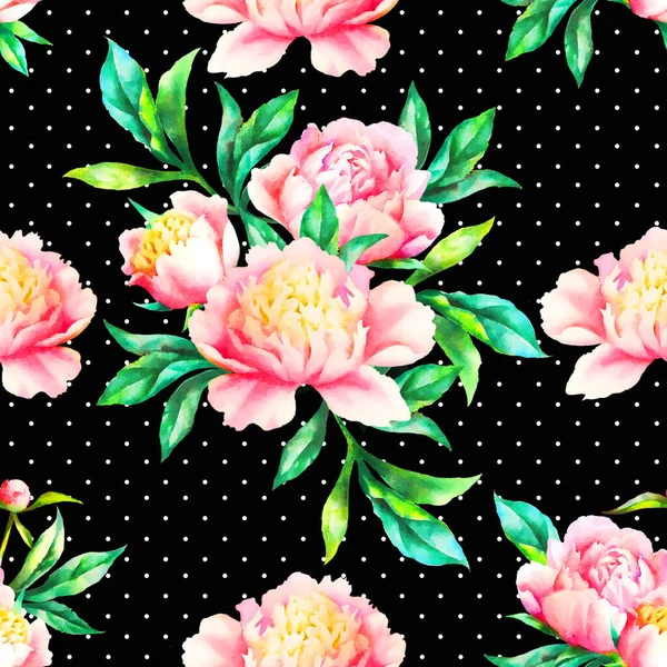 Watercolor Hand Paint Pink Peonies Leaves Seamless Pattern — Stock Photo, Image