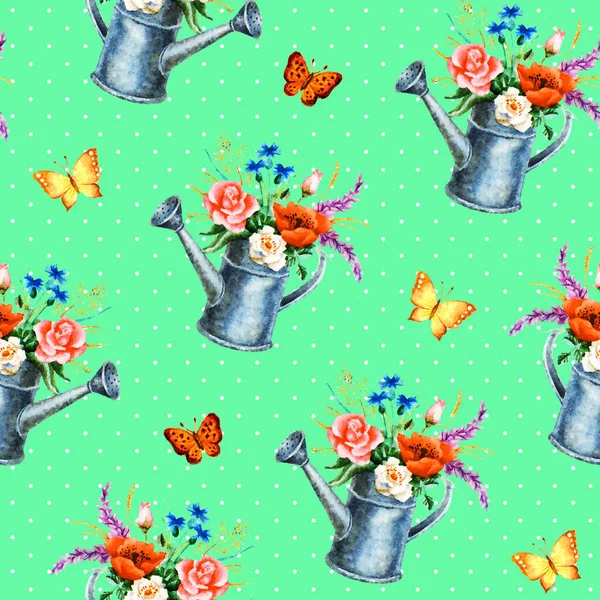 Watercolor Hand Paint Seamless Pattern Bouquet Watering Can Butterflies — Stock Photo, Image