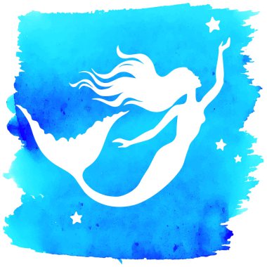 Deniz kızı silueti, el çizimi vektör çizimi mavi suluboya nokta, logo, tişört tasarımı.