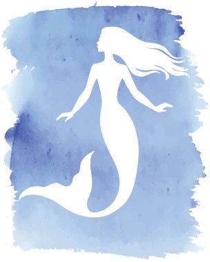 Deniz kızı silueti, el çizimi vektör çizimi mavi suluboya nokta, logo, tişört tasarımı.