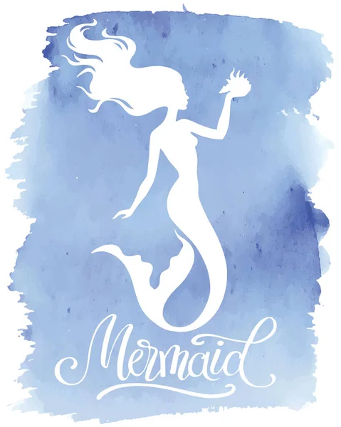 Mermaid Silhouette Hand Drawn Vector Illustration Isolated Blue Watercolor Spot — Stock Vector