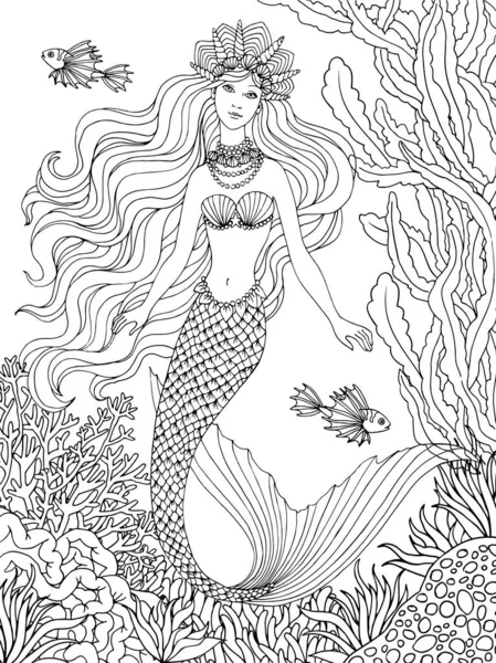 Mermaid Undersea Hand Drawn Linen Vector Illustration White Background Coloring — 스톡 벡터