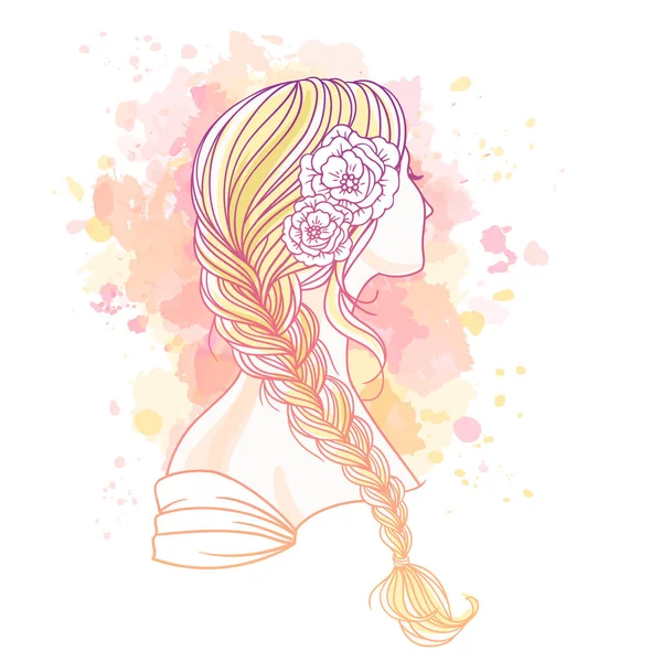 Girl Tress Wedding Hair Style Flowers Back Hand Drawn Vector — Stock Vector