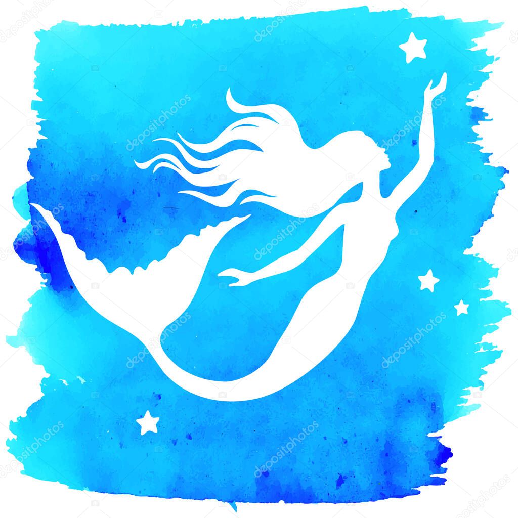 Mermaid  silhouette, hand drawn vector  illustration isolated on blue watercolor spot, logo, t-shirt design.