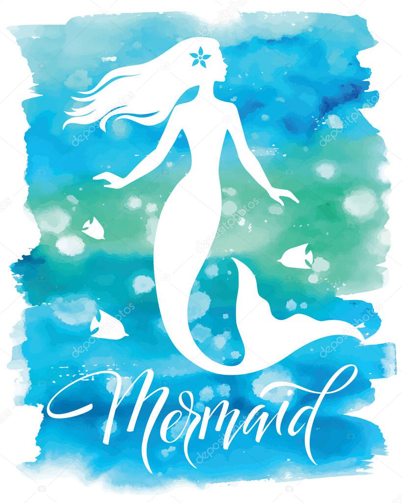 Mermaid  silhouette, hand drawn vector  illustration isolated on blue watercolor spot, logo, t-shirt design.