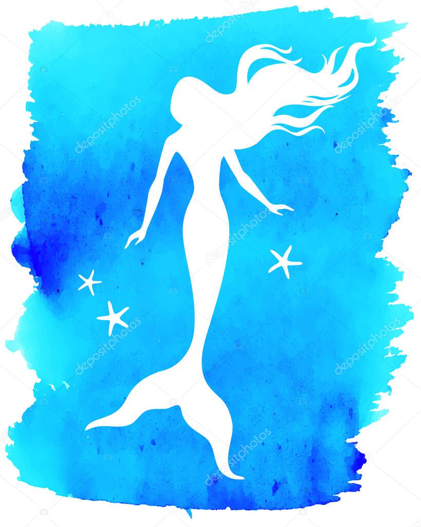 Mermaid  silhouette, hand drawn vector  illustration isolated on blue watercolor spot, logo, t-shirt design.